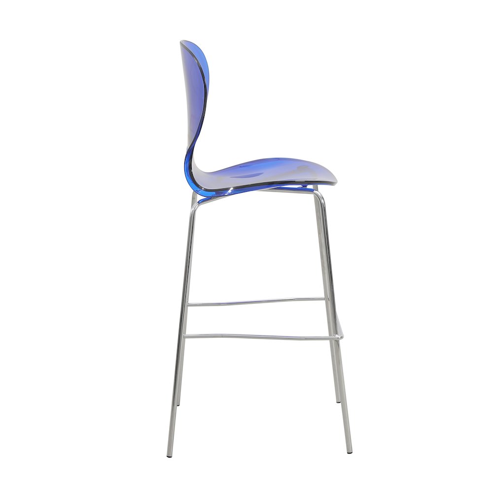 Oyster Acrylic Barstool with Steel Frame in Chrome Finish in Transparent Blue. Picture 5