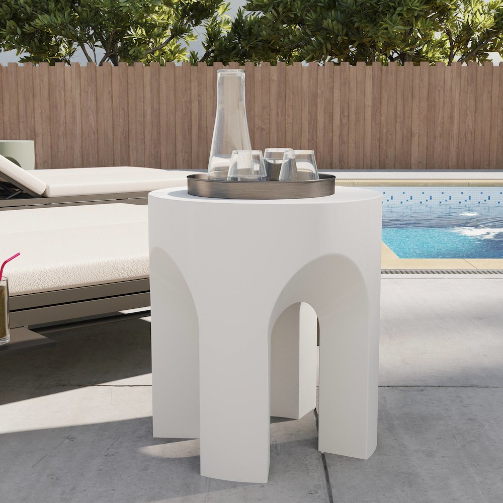 Crus Collection Fiberglass Outdoor Side Table in White. Picture 4