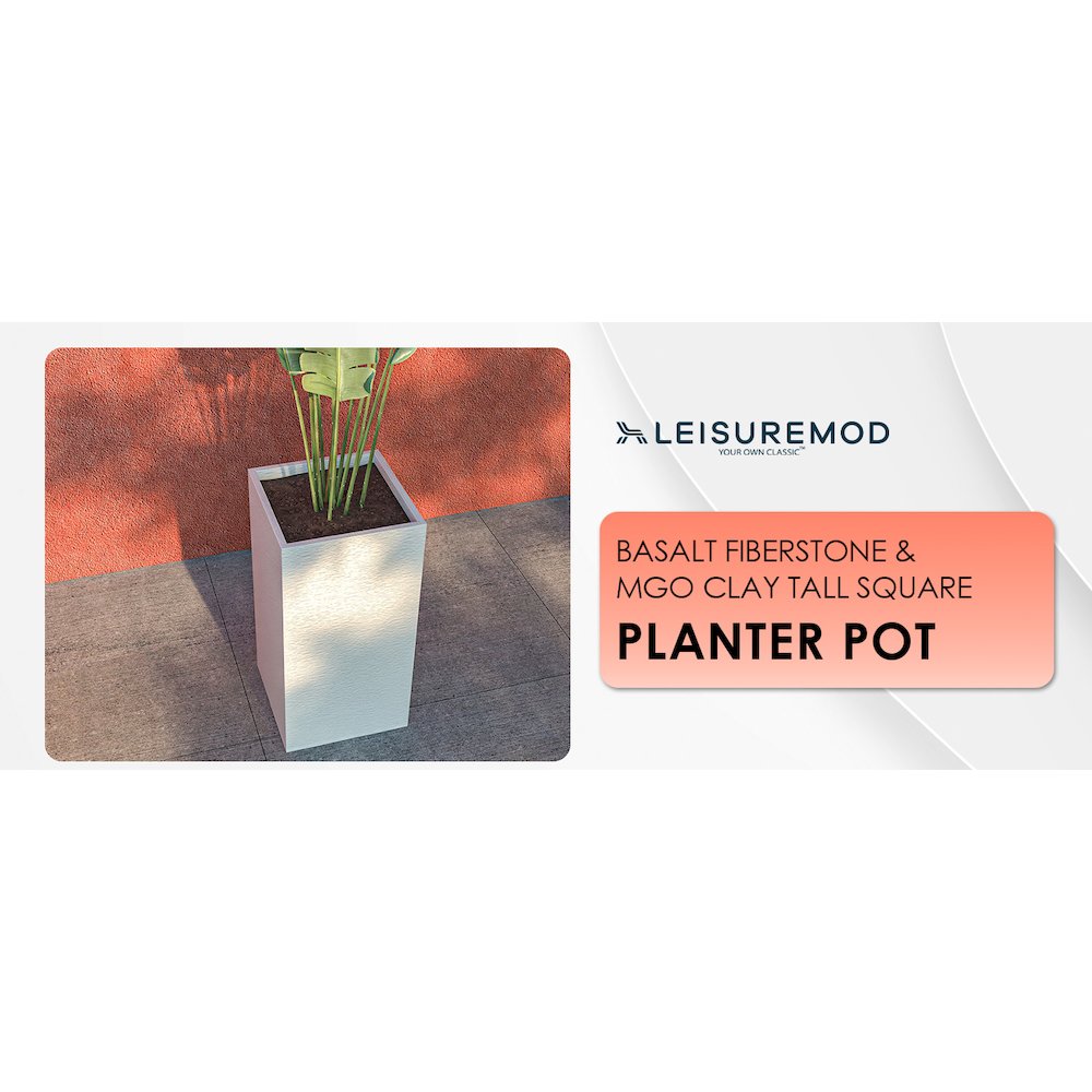 Basalt Series Poly Stone Planter 13.8" Square 27.6" High in White. Picture 1