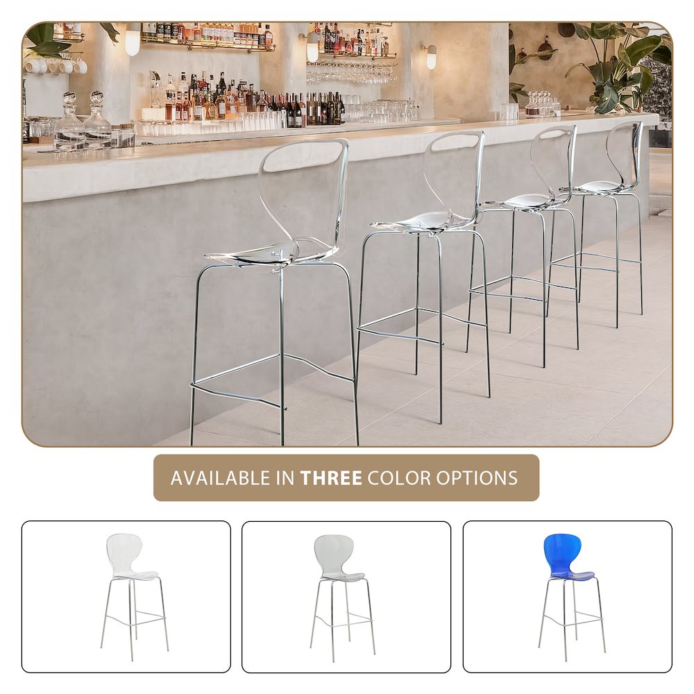 Oyster Acrylic Barstool with Steel Frame in Chrome Finish in Clear. Picture 16
