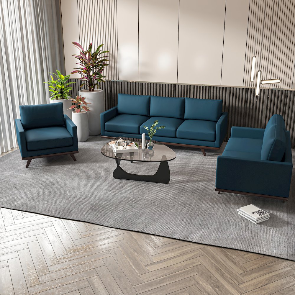 Chester 3-Piece Leather Living Room Sofa Set with Birch Wood Base Navy Blue. Picture 8