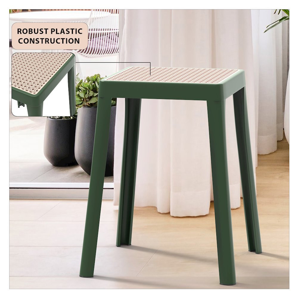 Tresse Series Stackable Poly Stool With Wicker Top 12 in Green. Picture 8