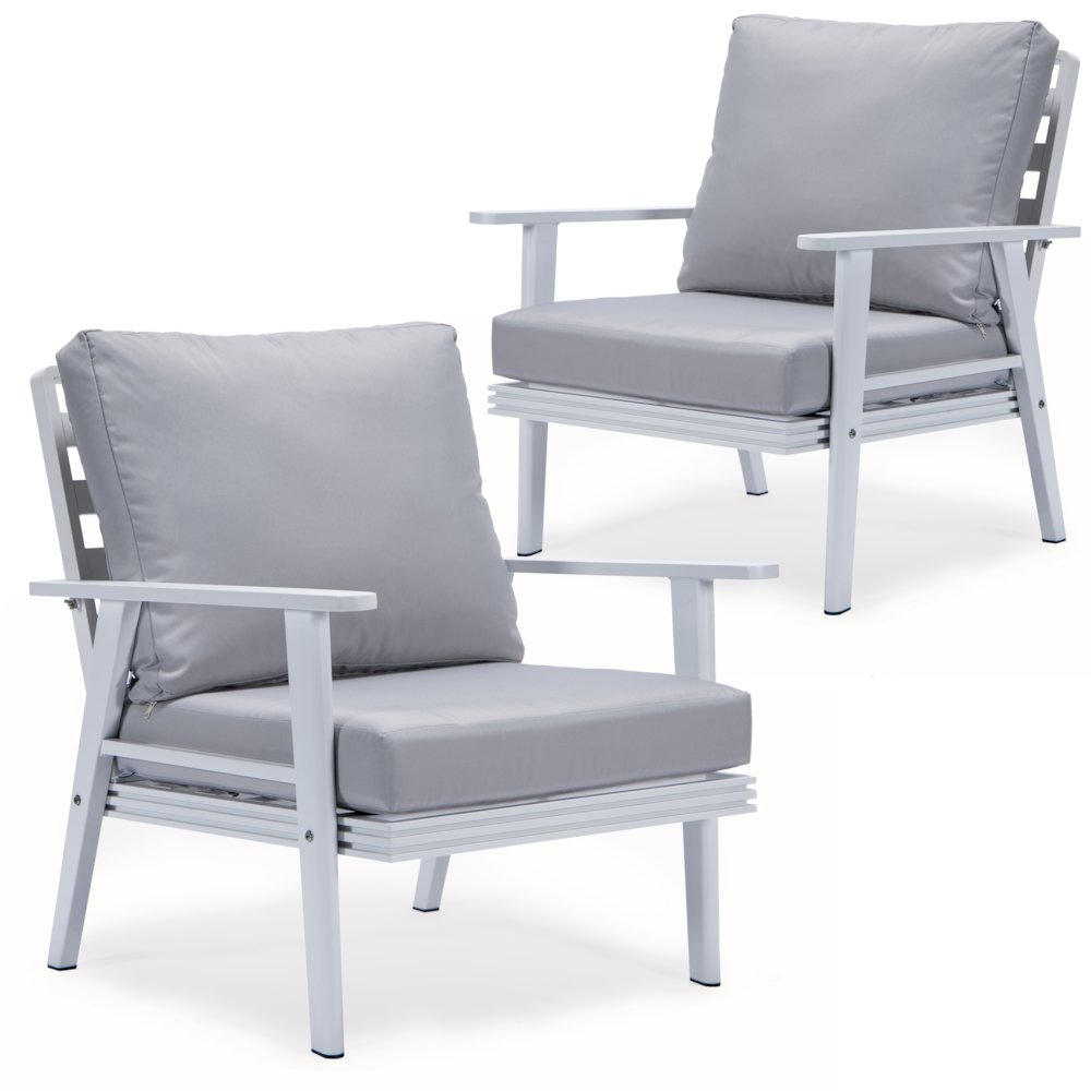 Walbrooke Outdoor Patio White Aluminum Armchairs With Cushions in Light Grey. Picture 1