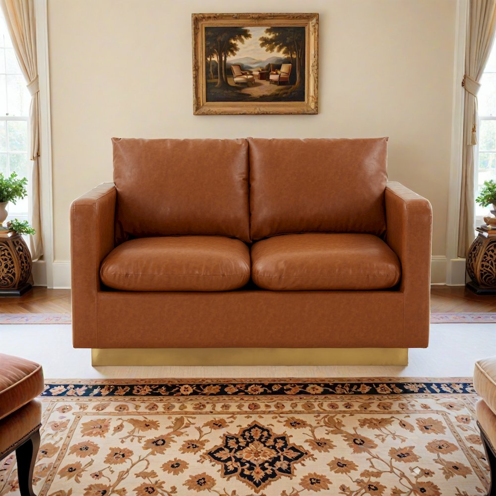 Nervo Modern Mid-Century Upholstered Leather Loveseat with Gold Frame. Picture 11