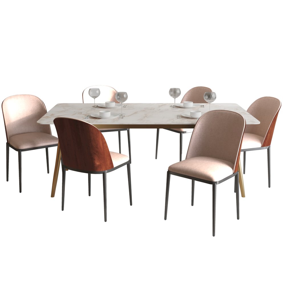 Zayle 7-Piece Dining Set with 55" Dining Side Chair in Walnut/Light Brown. Picture 2