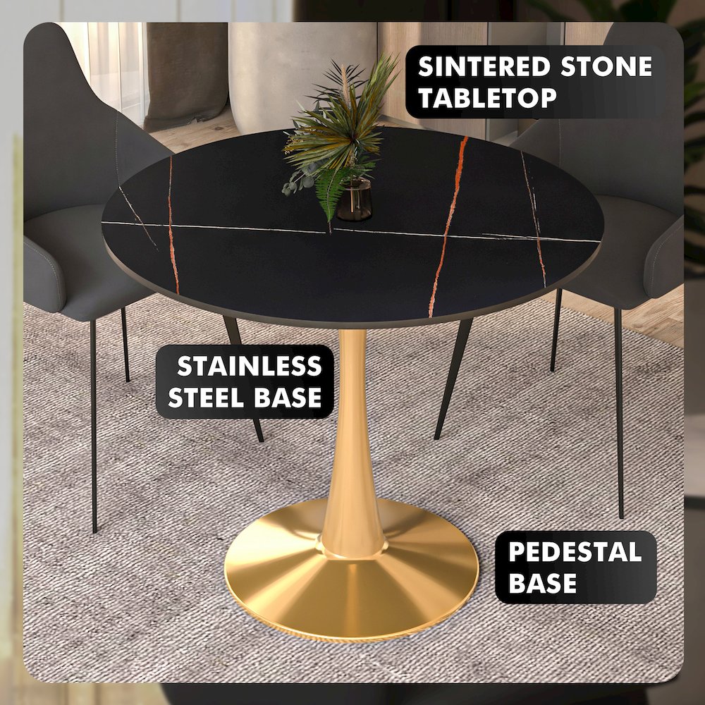 Bristol 31" round dining table Gold base with Black Sintered stone Top. Picture 24