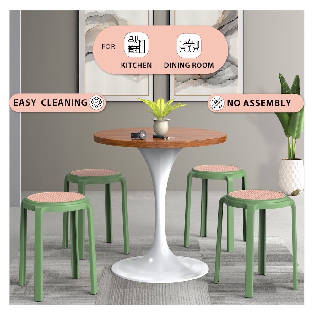 Tresse Series Stackable Round Poly Stool With Wicker Top 13 in Green. Picture 3