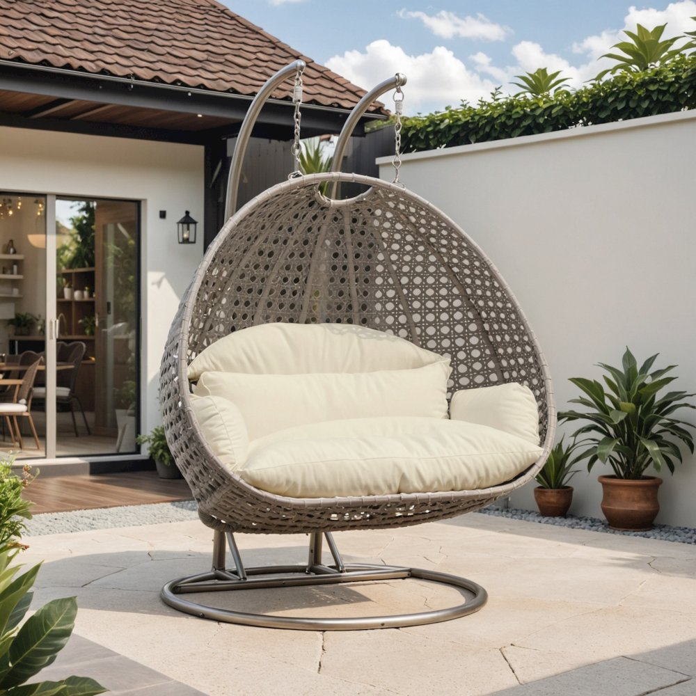 Beige Wicker Hanging 2 person Egg Swing Chair. Picture 1