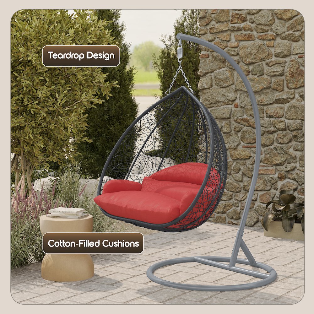 Recluse Collection Modern Outdoor Swing Chair Grey Frame with ES57 Red Cushion. Picture 6