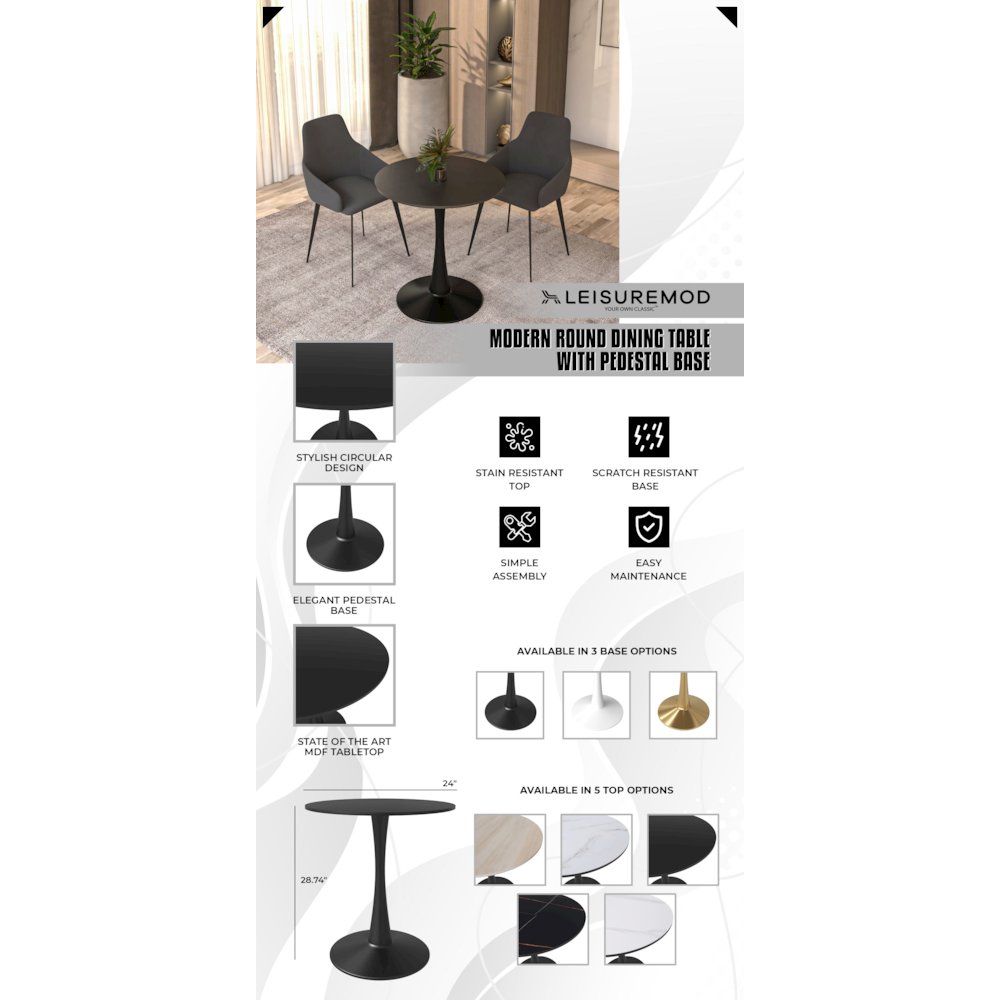 Leisyremod Bristol 24" Round Dining Table Black base with Black top. Picture 19