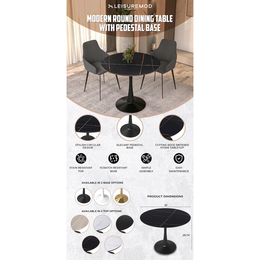 Bristol 31" round dining table Black base with Black Sintered stone Top. Picture 20
