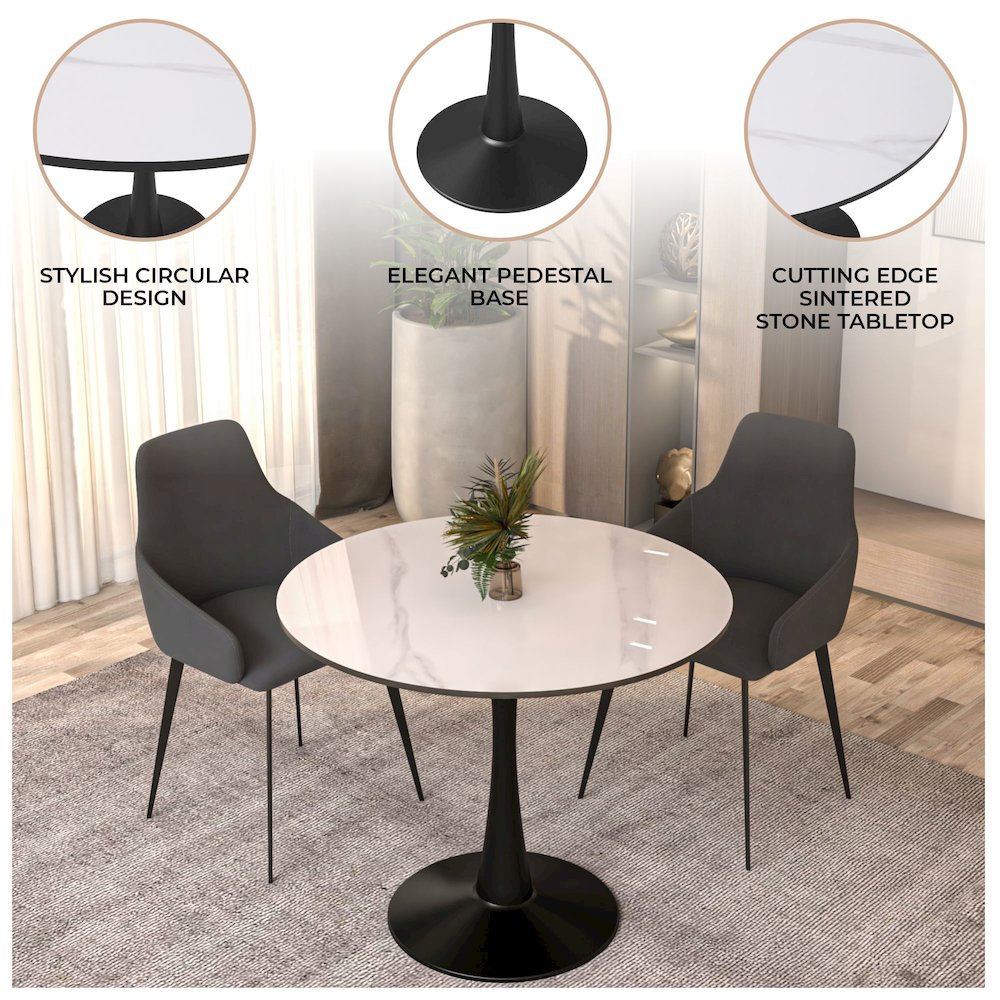 Bristol 31" round dining table Black base with White Sintered stone Top. Picture 19