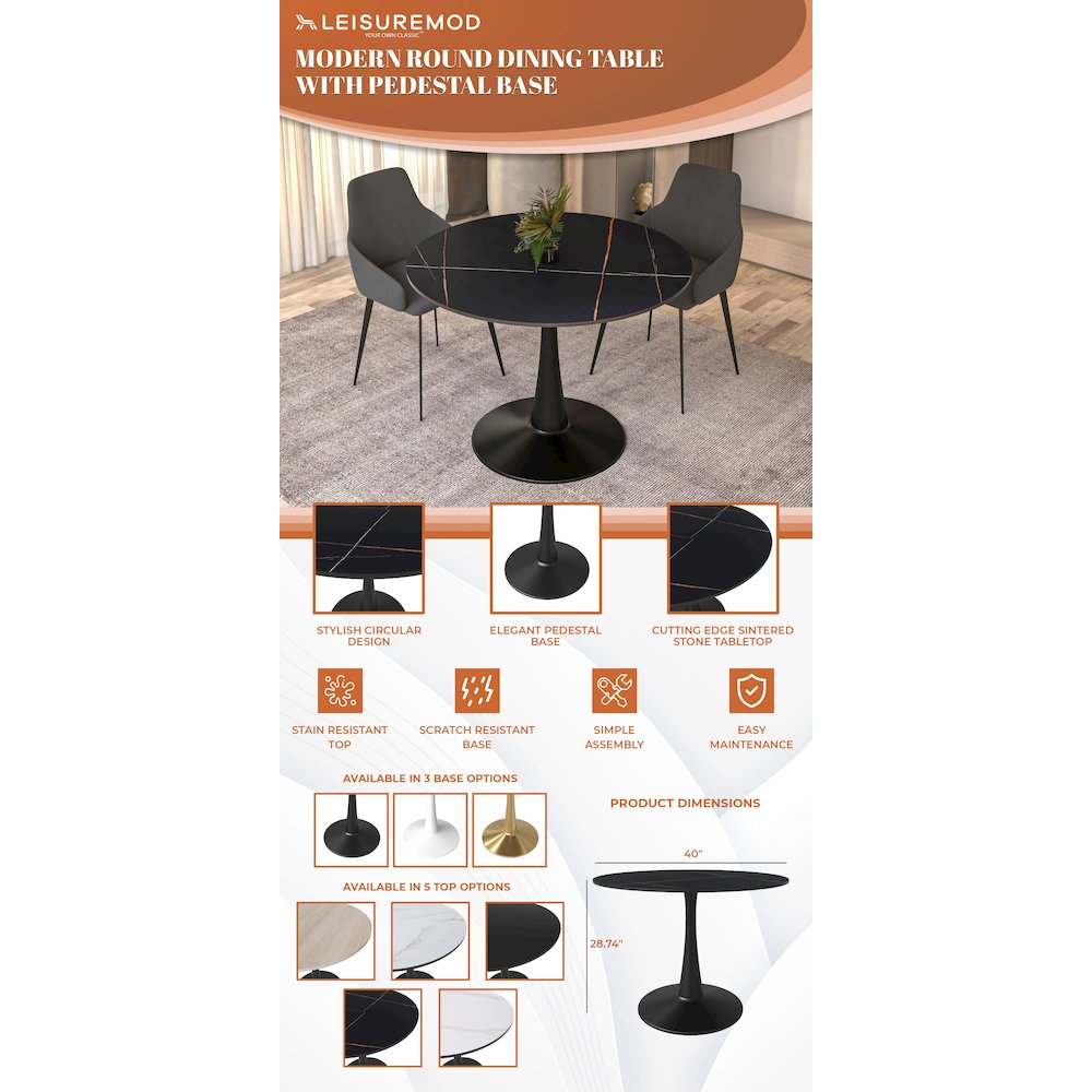Bristol 40" round dining table Black base with Black Sintered stone Top. Picture 19