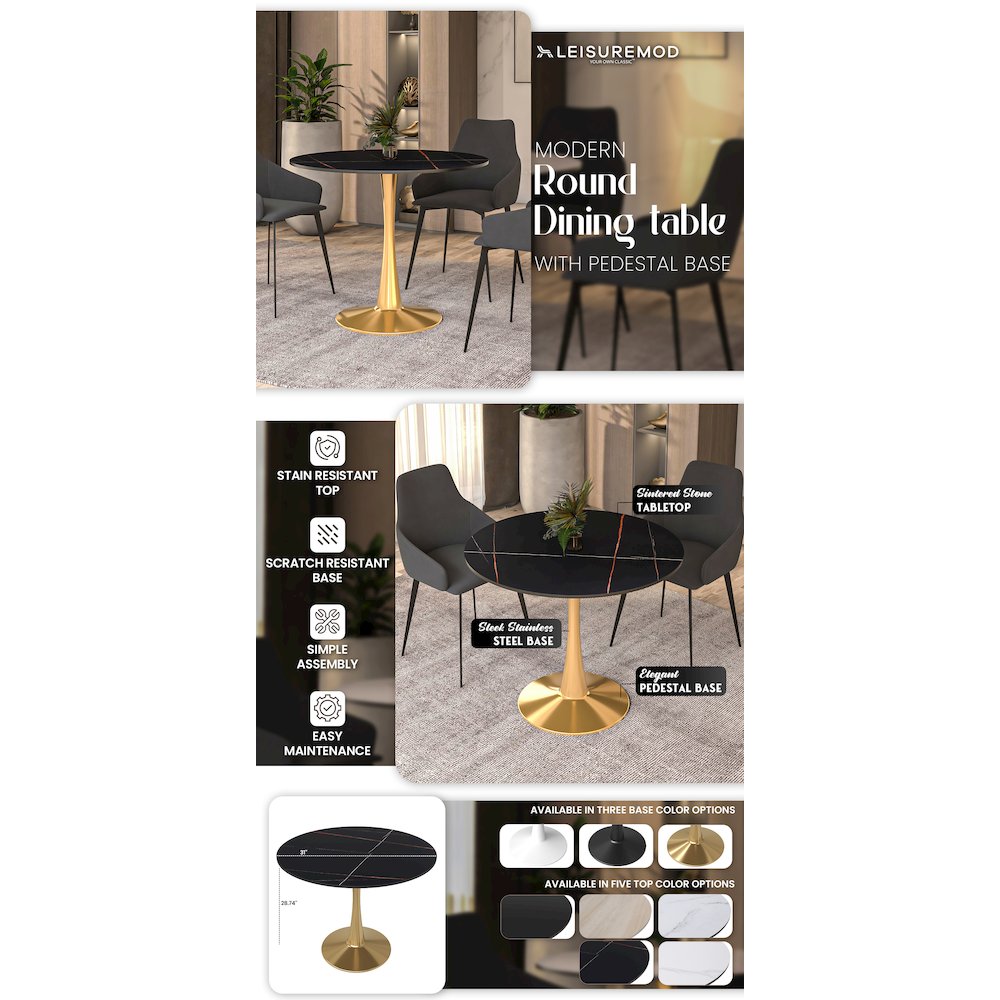 Bristol 31" round dining table Gold base with Black Sintered stone Top. Picture 31