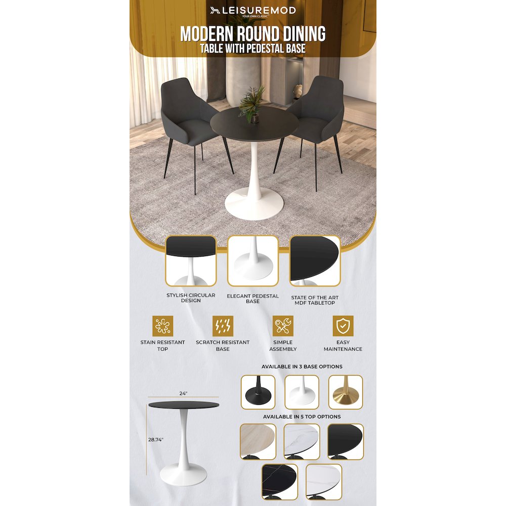 Leisyremod Bristol 24" Round Dining Table White base with Black top. Picture 19