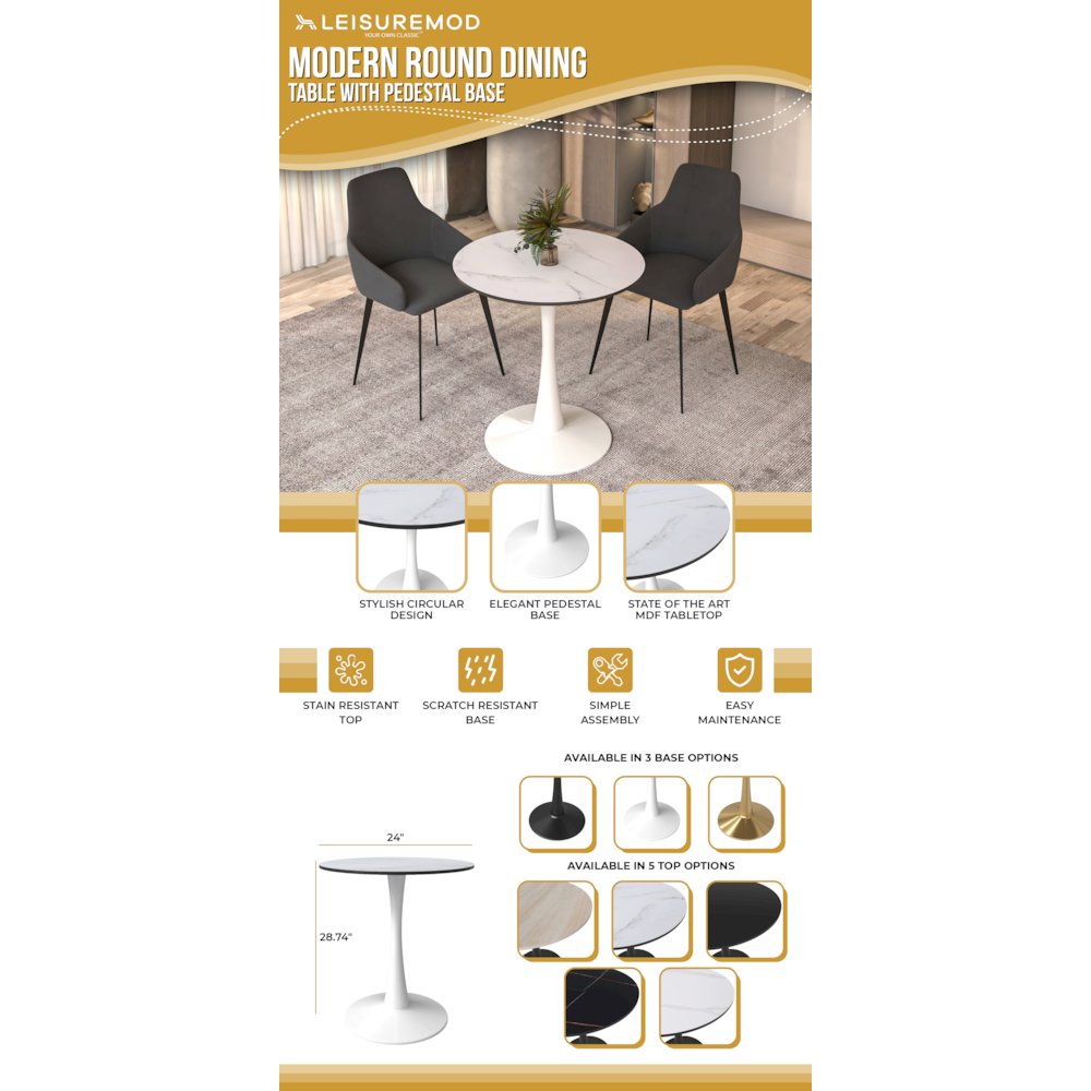 Bristol 27" round dining table White base with marbled MDF top. Picture 19