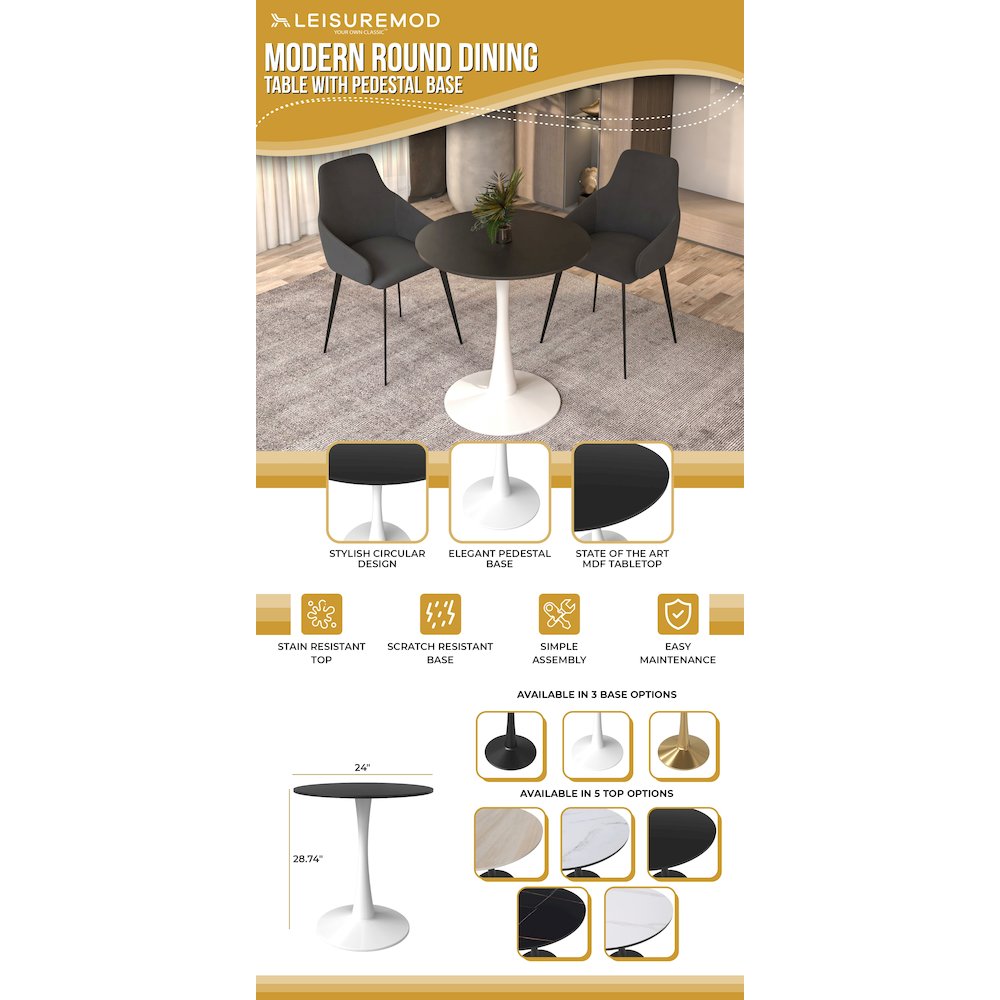 Leisyremod Bristol 27" Round Dining Table White base with Black top. Picture 19
