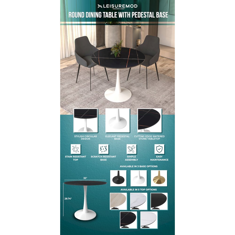 Bristol 35" round dining table White base with Black Sintered stone Top. Picture 19