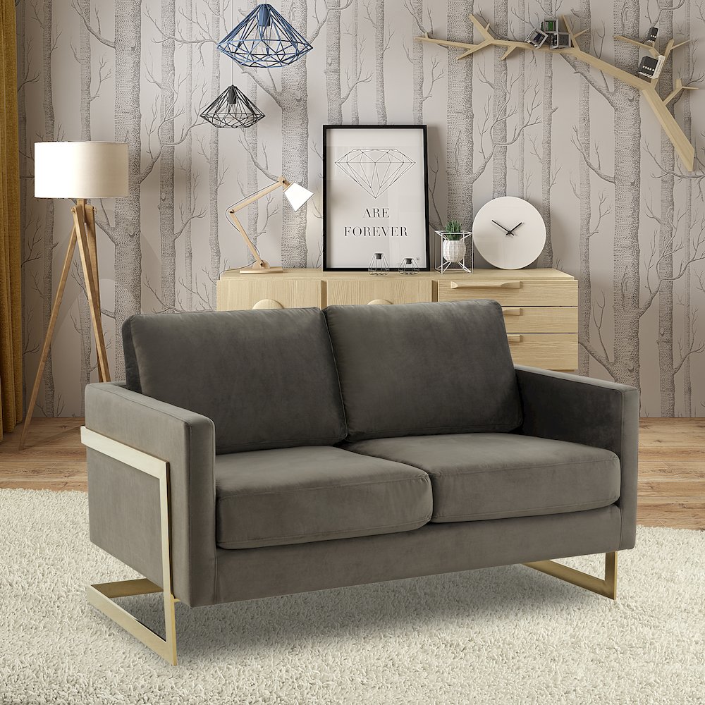 Lincoln Modern Mid-Century Upholstered Velvet Loveseat with Gold Frame. Picture 3