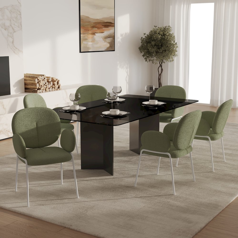 Celestial Series Boucle Dining Arm Chair, White Frame with Green Fabric. Picture 8