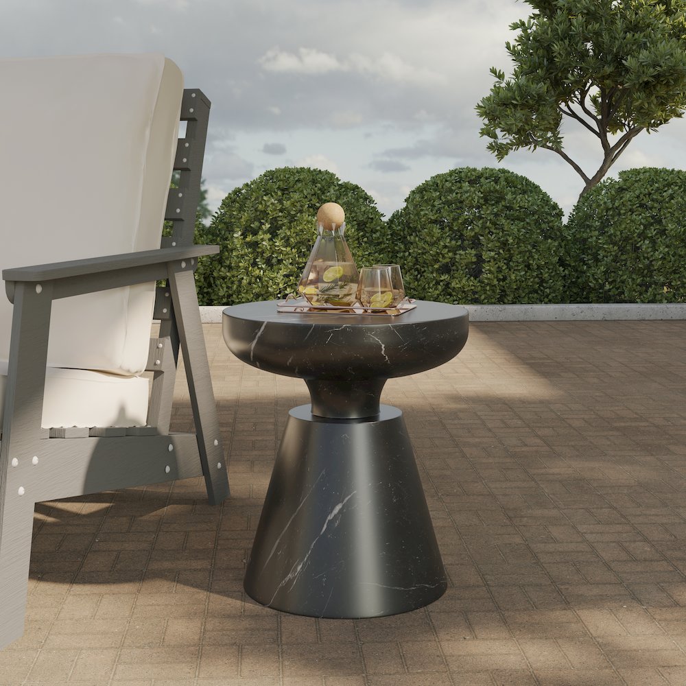 Isle Collection Fiberglass Outdoor Side Table in Marbled Black. Picture 5