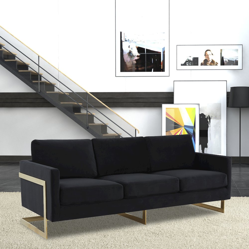 Lincoln Modern Mid-Century Upholstered Velvet Sofa with Gold Frame. Picture 4