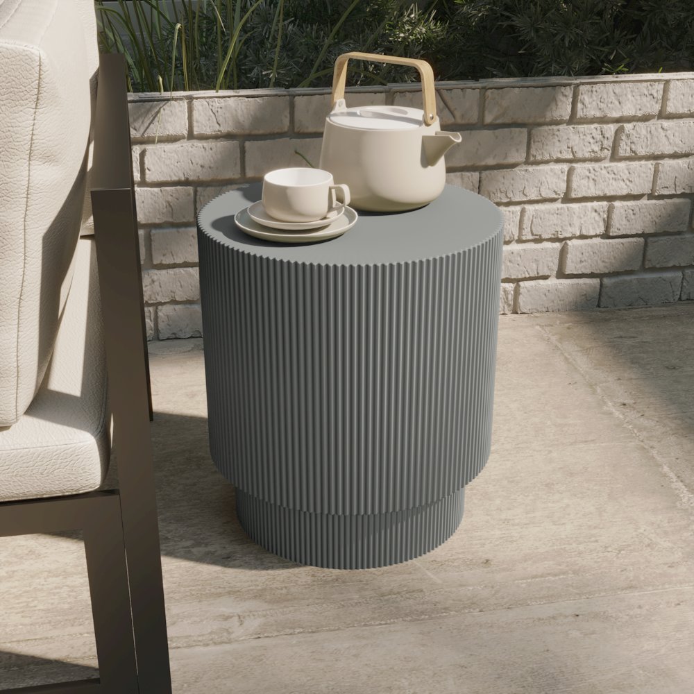 Eden Collection Fiberglass Outdoor Side Table in Light Grey. Picture 9