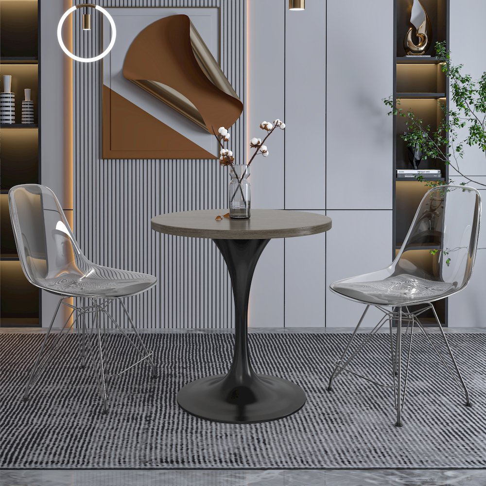 Verve Collection 27 Round Dining Table, Black Base with Dark Maple MDF Top. Picture 9