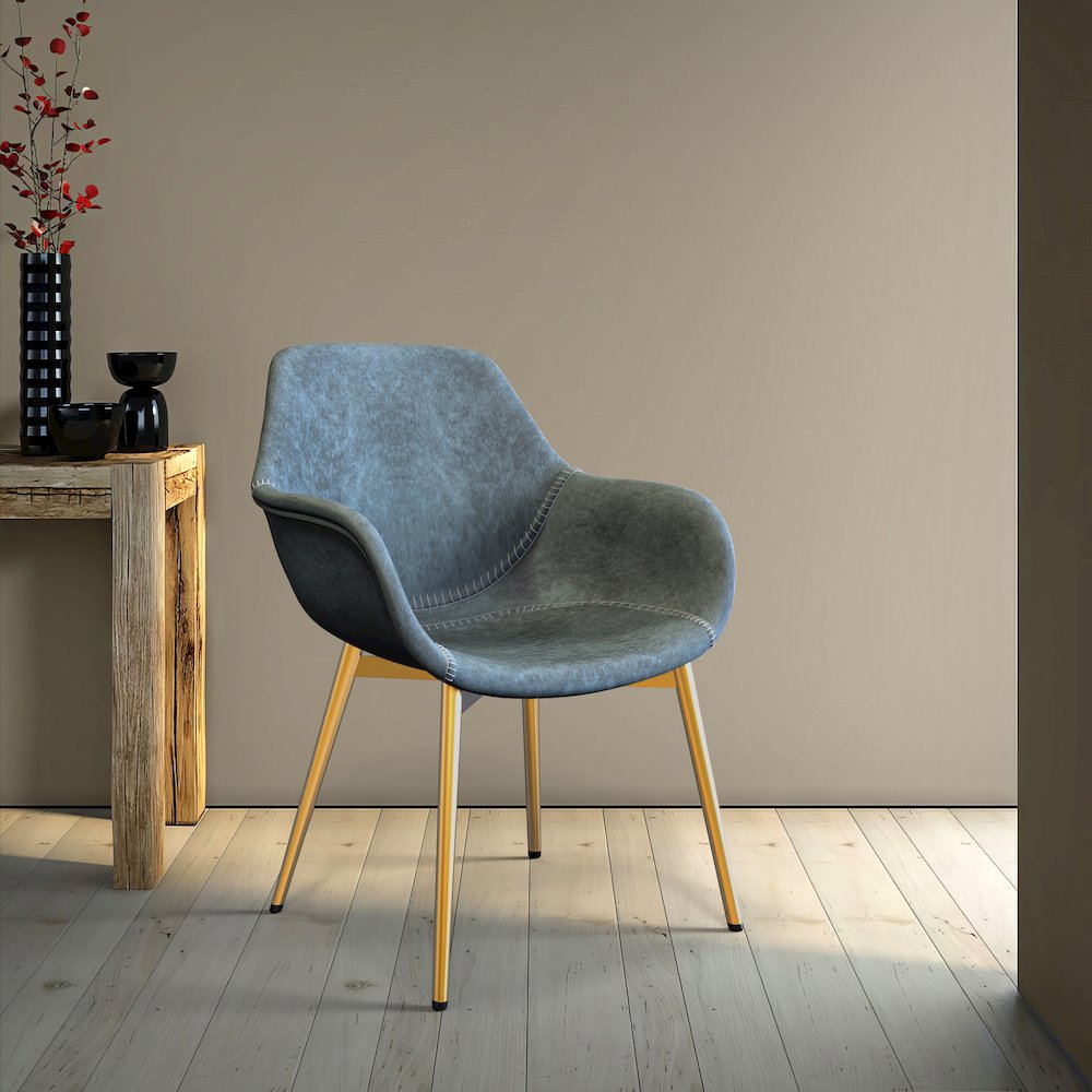 Markley Modern Leather Dining Arm Chair With Gold Metal Legs. Picture 14
