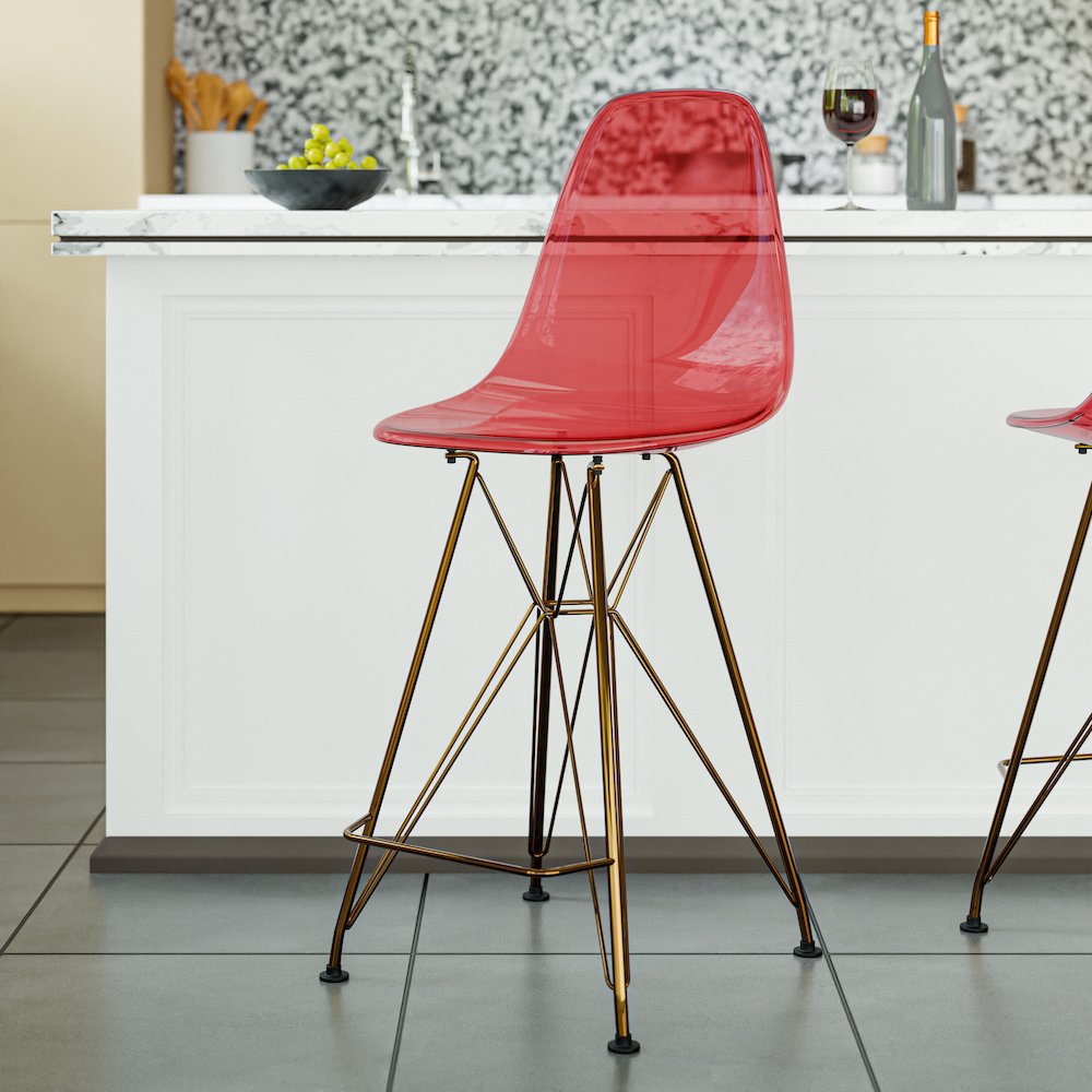 Cresco Counter Height Chair With Eiffel Gold Base In Transparent Red. Picture 7