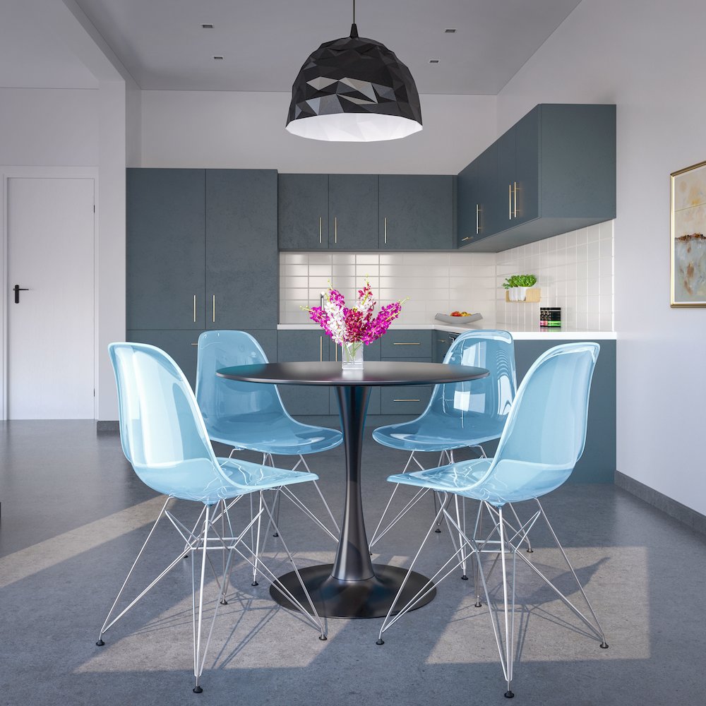 5-Piece Dining Set 35" Round Dining Table in Chrome - Transparent Blue. Picture 2