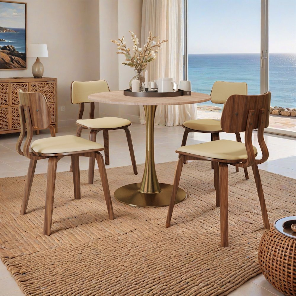 Bristol 27" Round Dining Table Gold Base with Sintered Stone Natural Wood Top. Picture 8