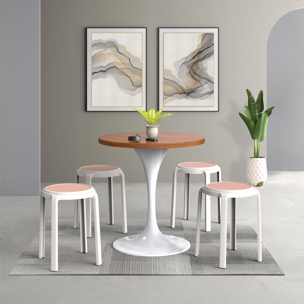 Tresse Series Stackable Round Poly Stool With Wicker Top 13 in White. Picture 9