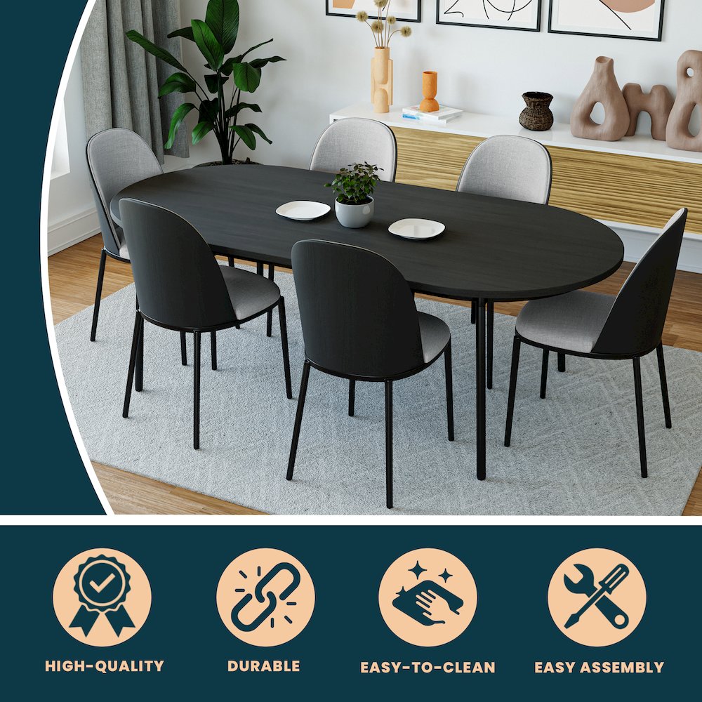Tule Modern 71" Oval Dining Table with MDF Top and Black Steel Legs in Black. Picture 12