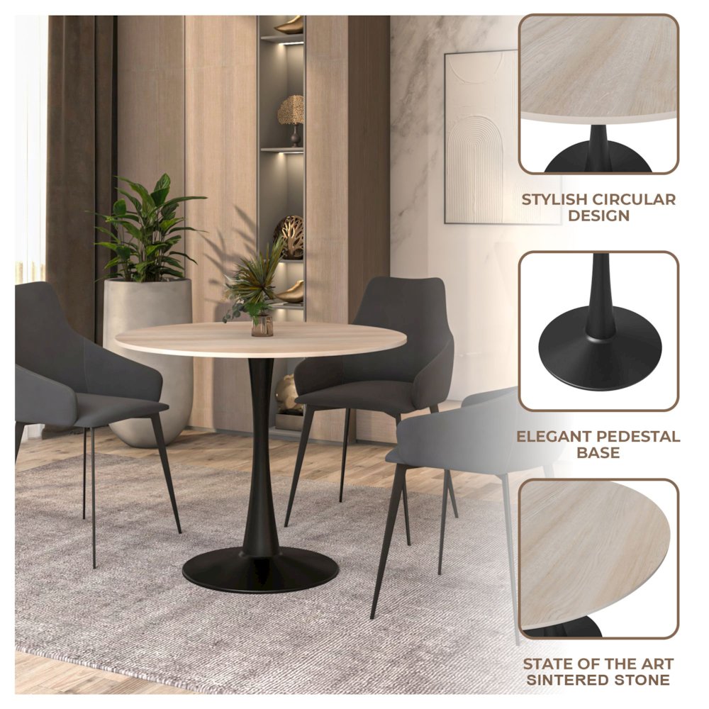 Bristol 31" Round Dining Table Black Base with Sintered Stone Natural Wood Top. Picture 9