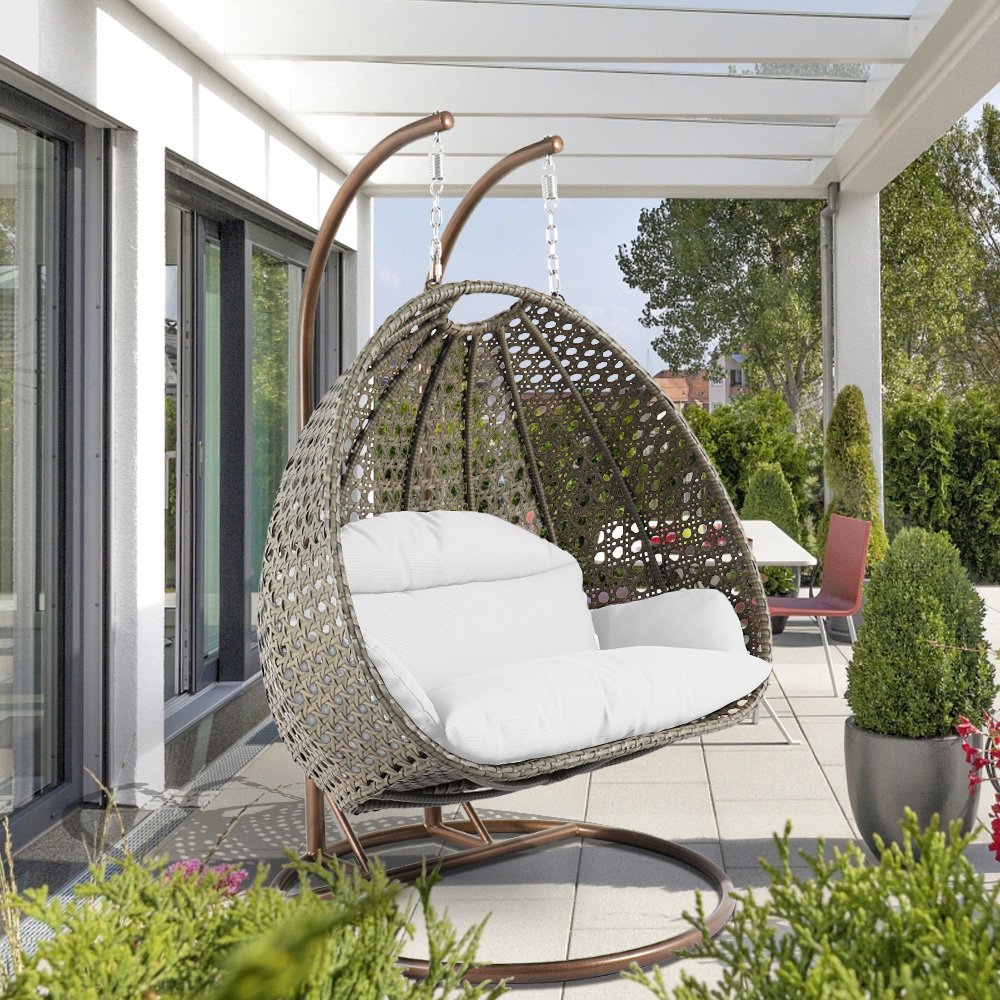 Beige Wicker Hanging 2 person Egg Swing Chair. Picture 7