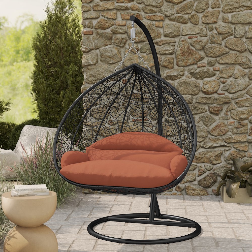 Recluse Collection Modern Outdoor Swing Chair Black Frame with Orange Cushion. Picture 8