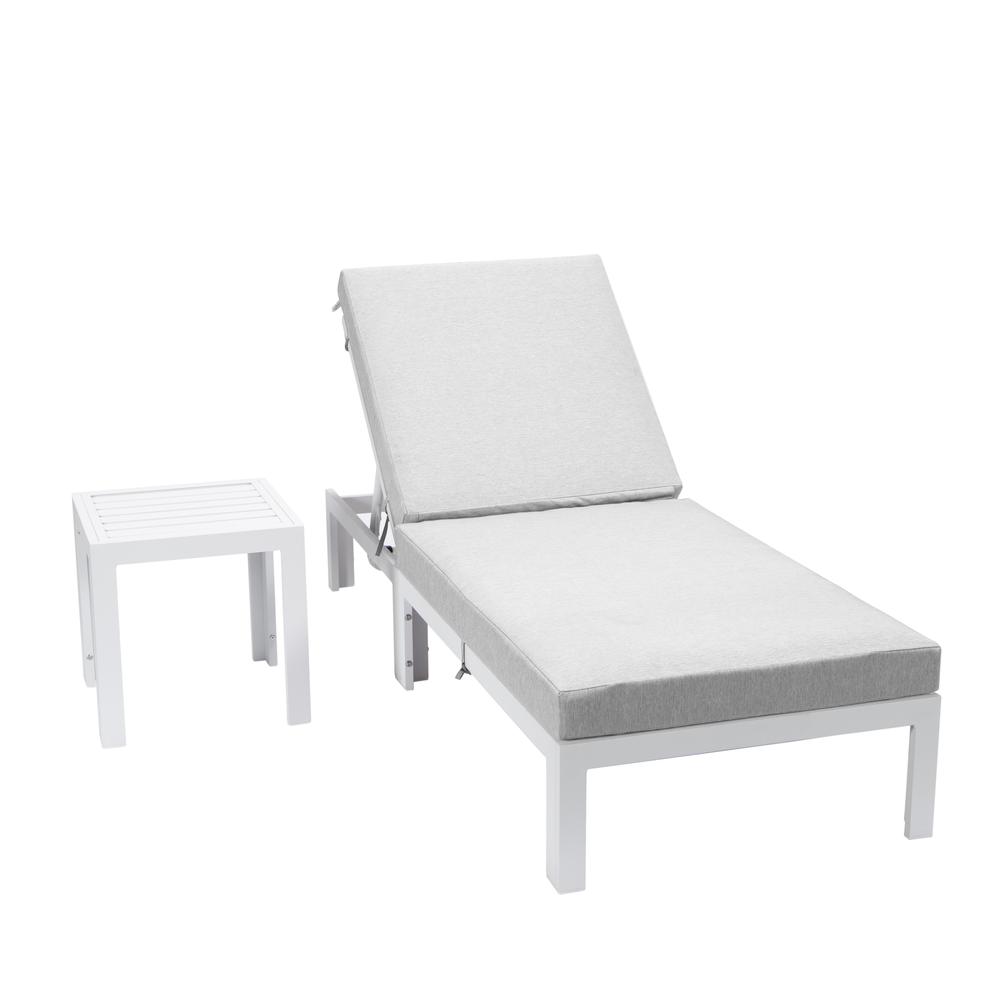 Chelsea Modern Outdoor White Chaise Lounge Chair With Side Table & Cushions. Picture 2