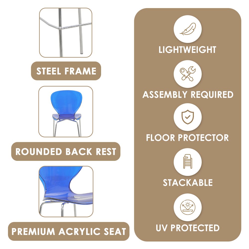 Oyster Acrylic Barstool with Steel Frame in Chrome Finish in Transparent Blue. Picture 16