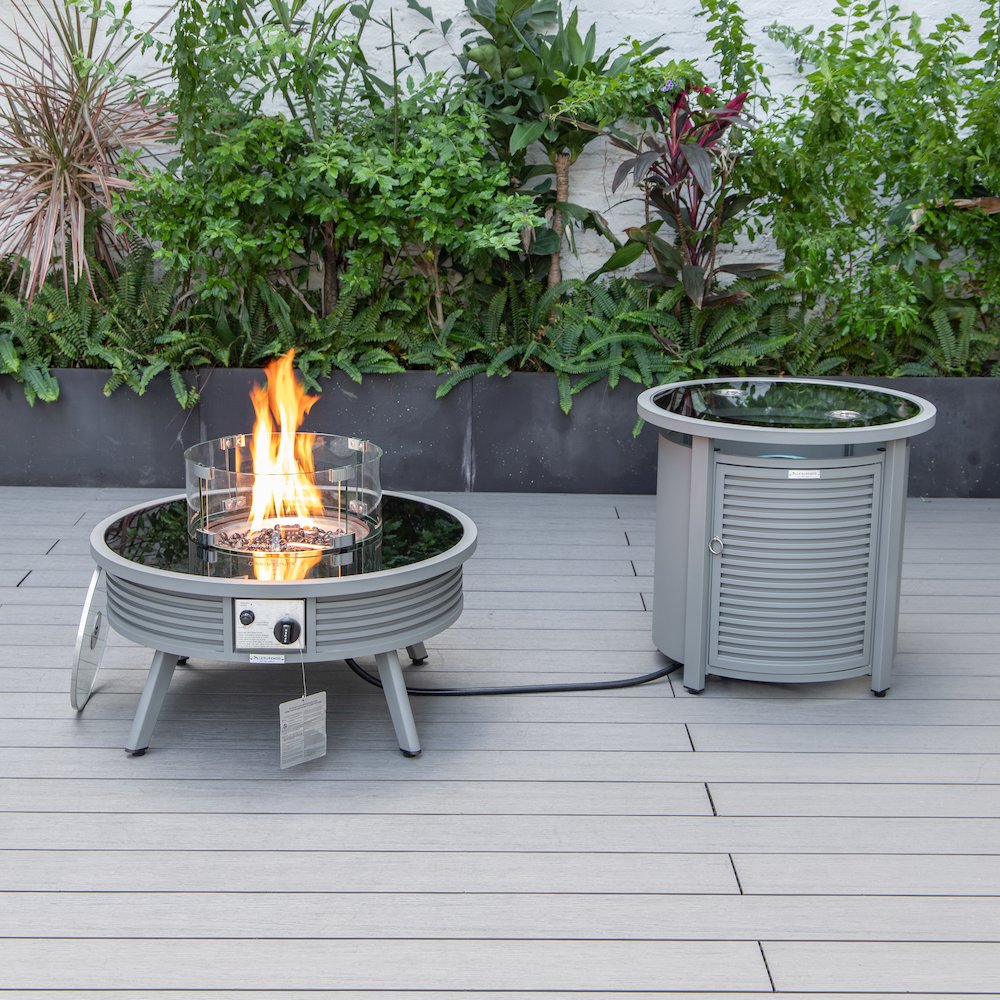 Walbrooke Patio Round Fire Pit and Tank Holder with Slats Design in Grey. Picture 1
