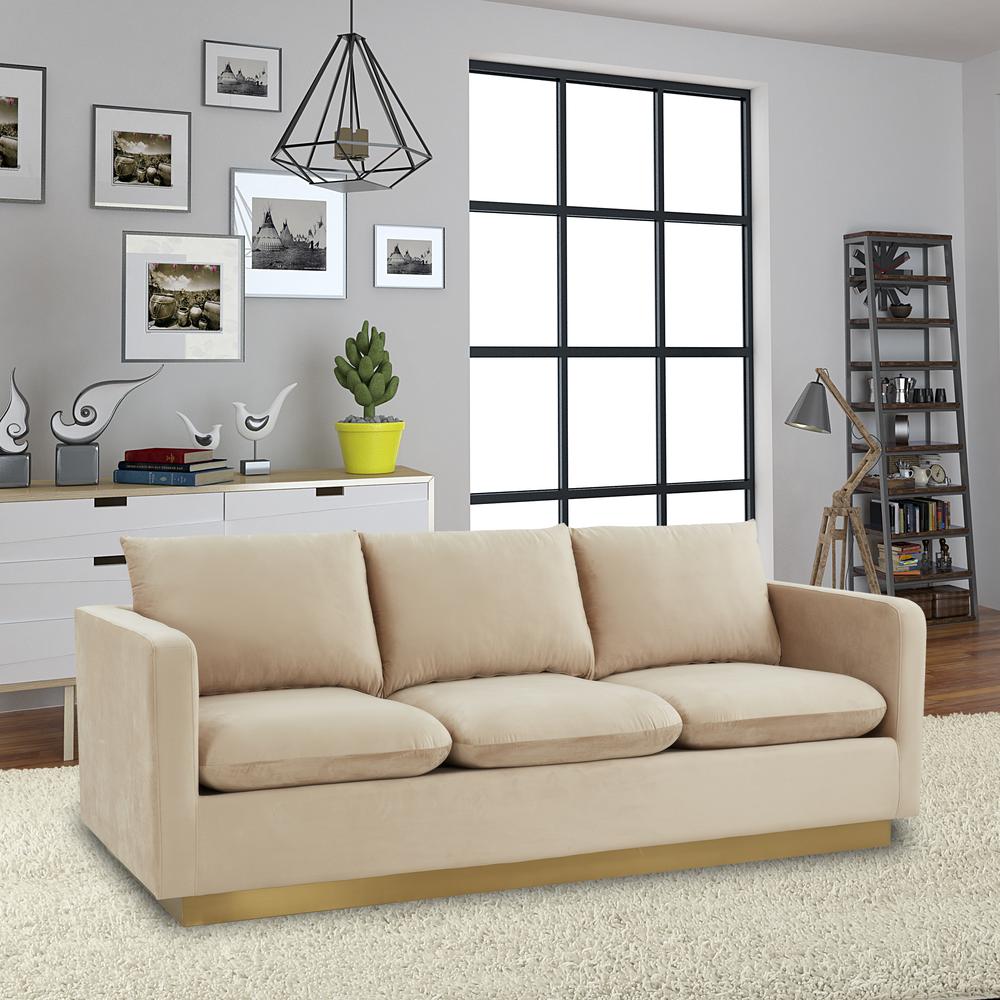 Nervo Modern Mid-Century Upholstered Velvet Sofa with Gold Frame. Picture 4