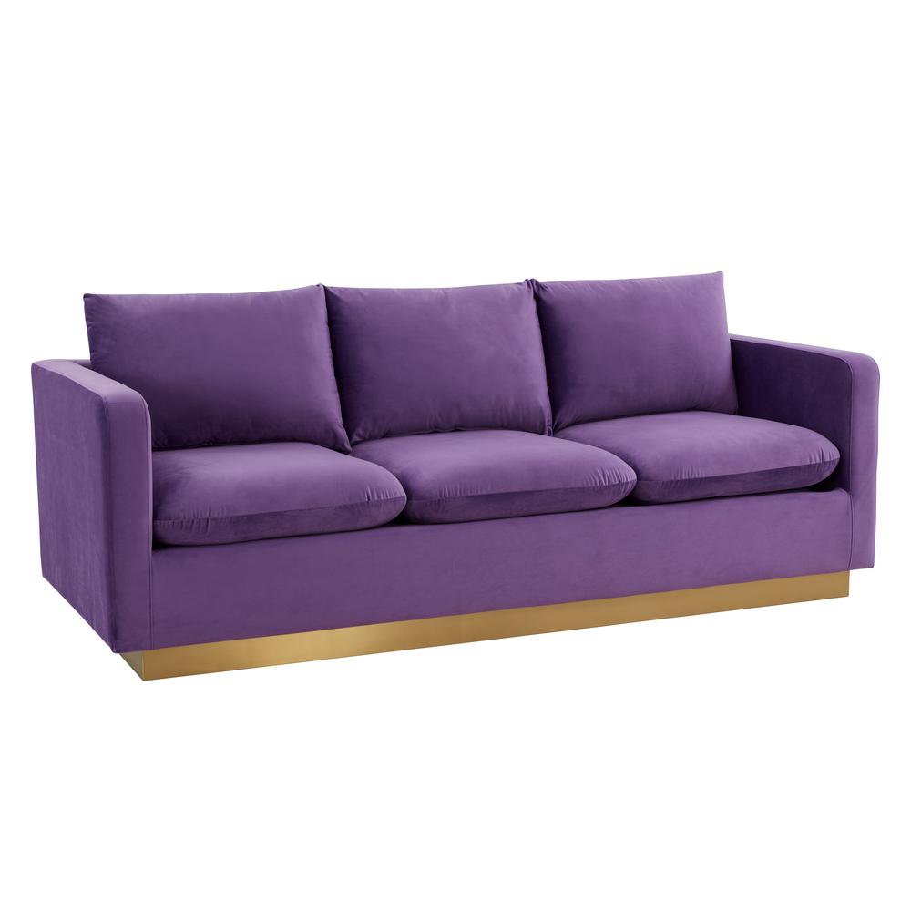Nervo Modern Mid-Century Upholstered Velvet Sofa with Gold Frame. Picture 3