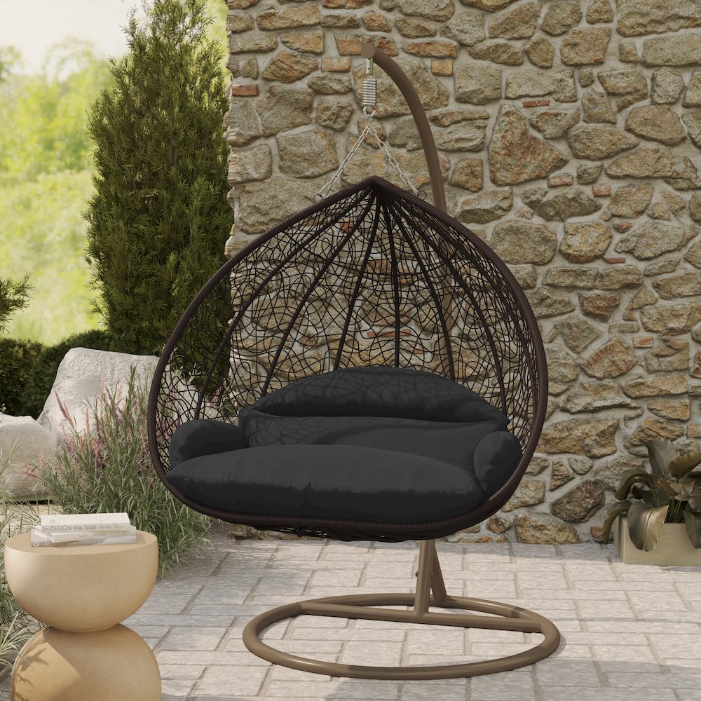 Recluse Collection Modern Outdoor Swing Chair Brown Frame with Black Cushion. Picture 8