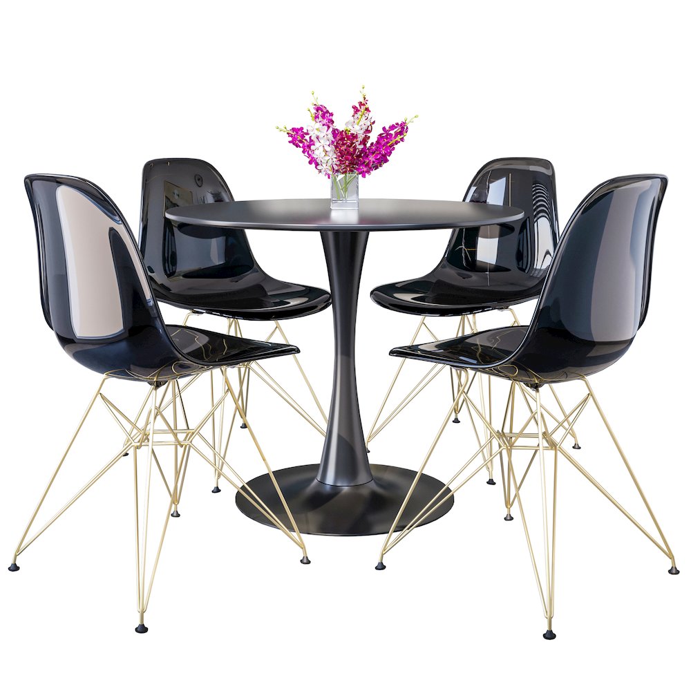 5-Piece Dining Set 35" Round Dining Table in Chrome - Transparent Black. Picture 1