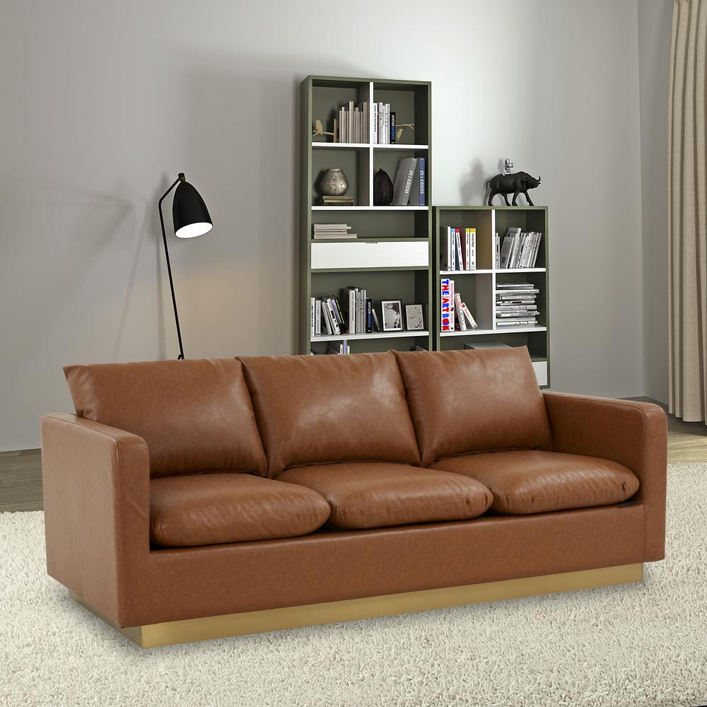 Nervo Modern Mid-Century Upholstered Leather Sofa with Gold Frame. Picture 5