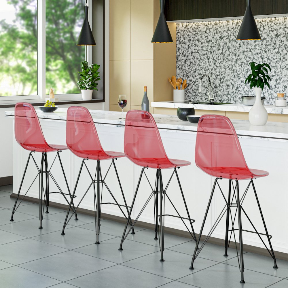 Modern Acrylic Bar stool Cresco Collection Black Base with Trans Red seat. Picture 7