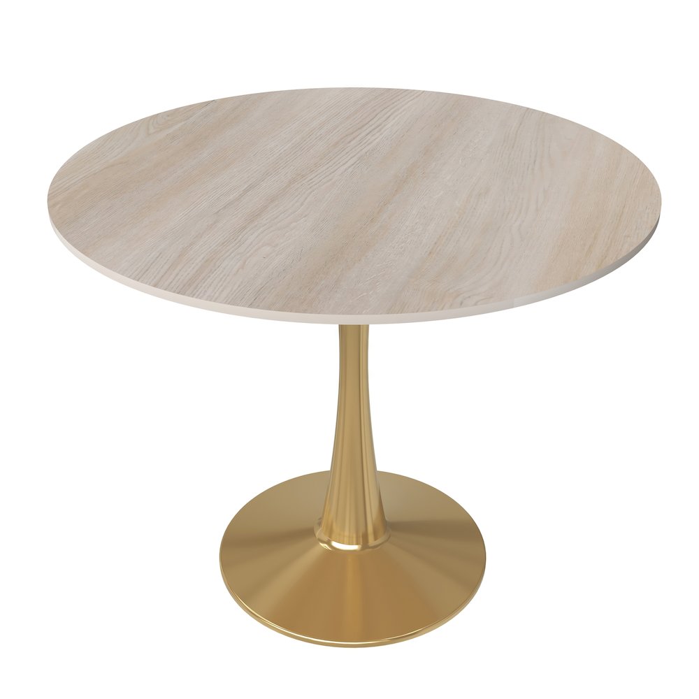 Bristol 31" Round Dining Table Gold Base with Sintered Stone Natural Wood Top. Picture 1