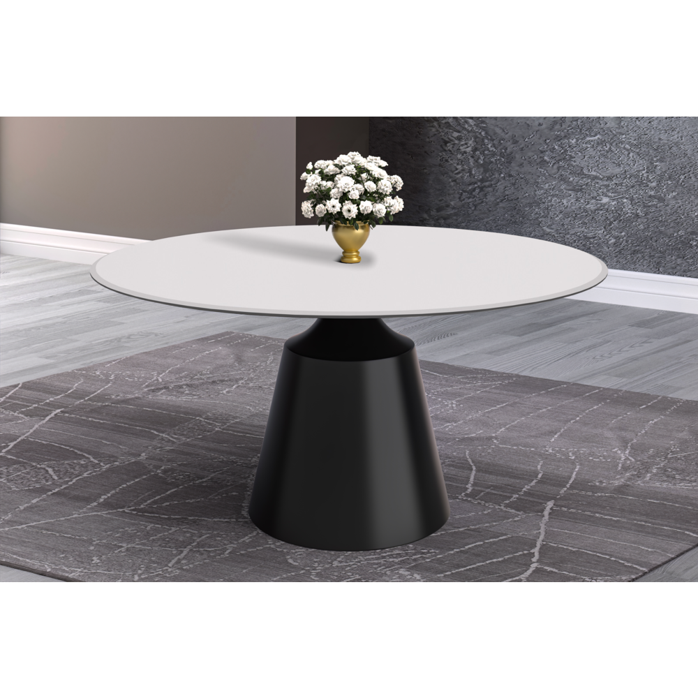 Round Dining Table Black Base with 60 Round Solid White Sintered Stone Top. Picture 5