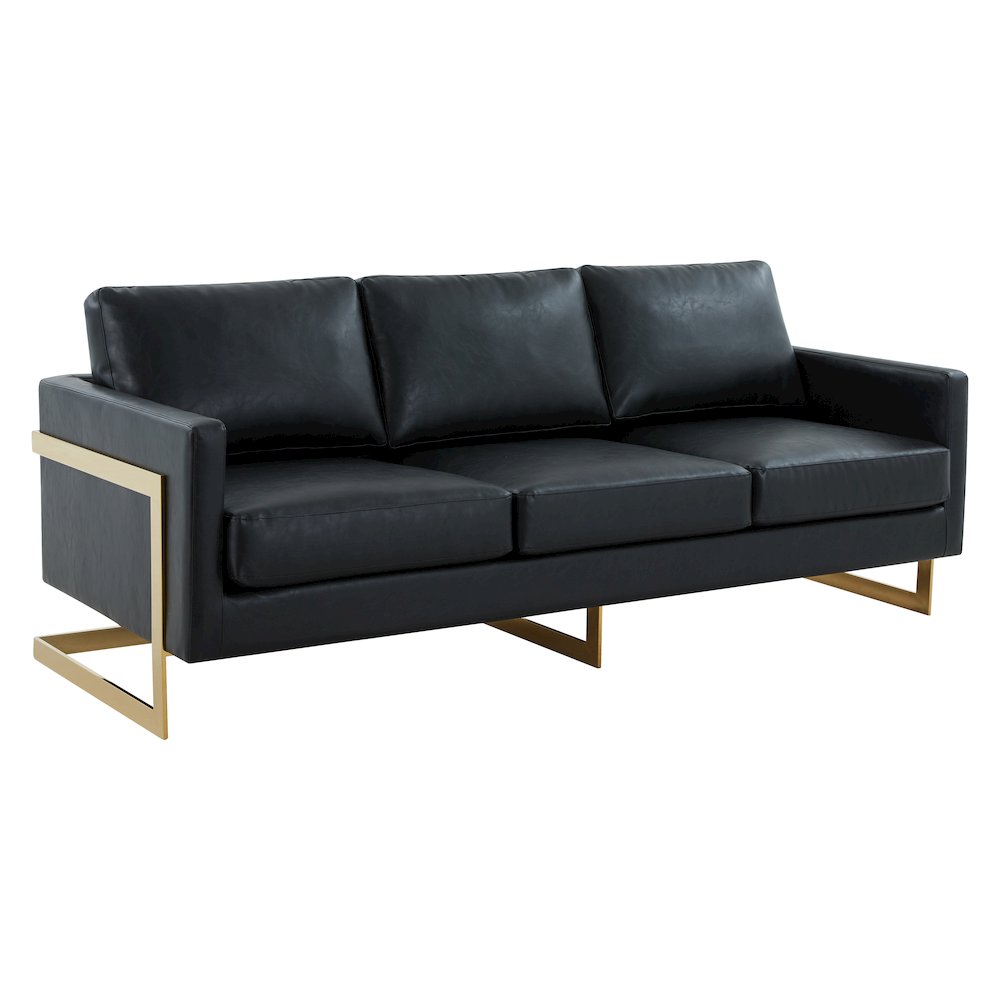 Lincoln Modern Mid-Century Upholstered Leather Sofa with Gold Frame. Picture 1