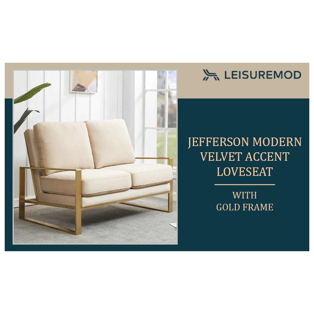 Jefferson Contemporary Modern Velvet Loveseat With Gold Frame. Picture 8